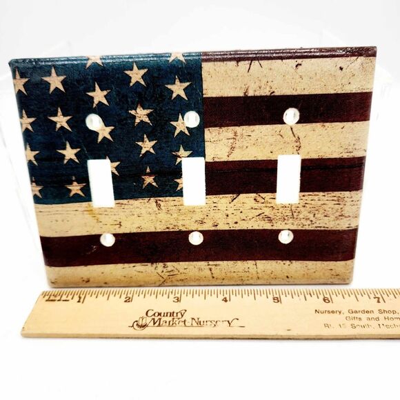 Set of 2 American Flag Patriotic Light Switch Plate Covers Primitive 3 Gang - Picture 3 of 12